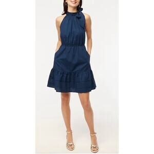 J. Crew Cotton Poplin Tie Halter Neck Fit and Flare Mini Dress Navy Blue 4